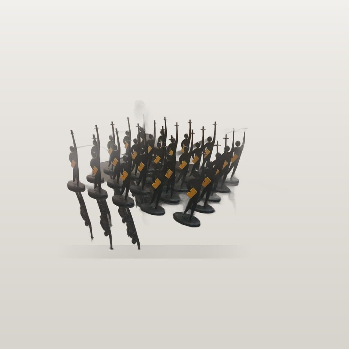 Rows of black 3D printed figures holding a cross and an amber book, each on an oval base